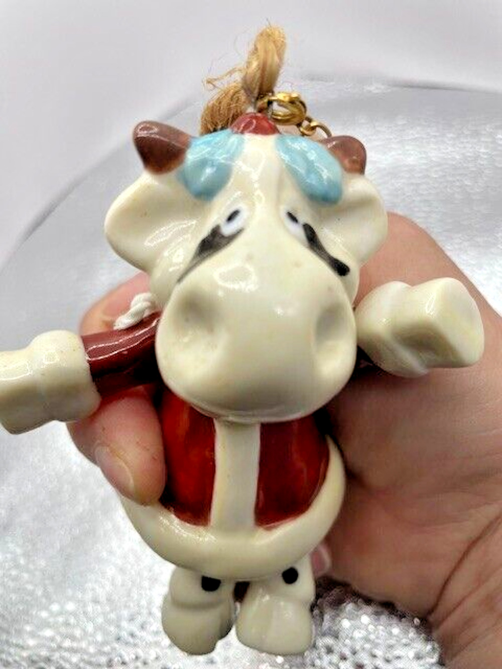 Vintage Christmas Cow Ceramic Ornament Arms And Legs Swing